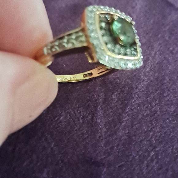 Natural Green Apatite, White and Champagne Zircon Double Halo Ring - Picture 7 of 8